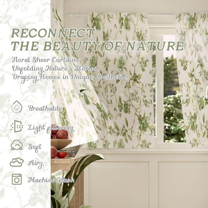 Sage Sheer Curtains 45 Inch Length 2 Panels Set Sheer, Leaf Patterned Linen - Image 2