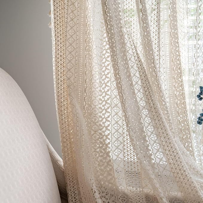 Sutuo Home Beige Boho Curtains Crochet Lace Semi-Sheer Bohemian Hollow Knitted - Image 4