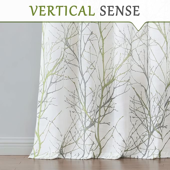 FMFUNCTEX Linen Sage Green White Semi Sheer Print Curtains 54 Inch 2 Panels | - Image 7