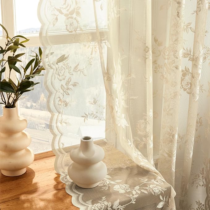 SEEKRIGHT Beige Lace Curtains 84 Inches Long Victorian Floral Sheer Curtains - Image 3