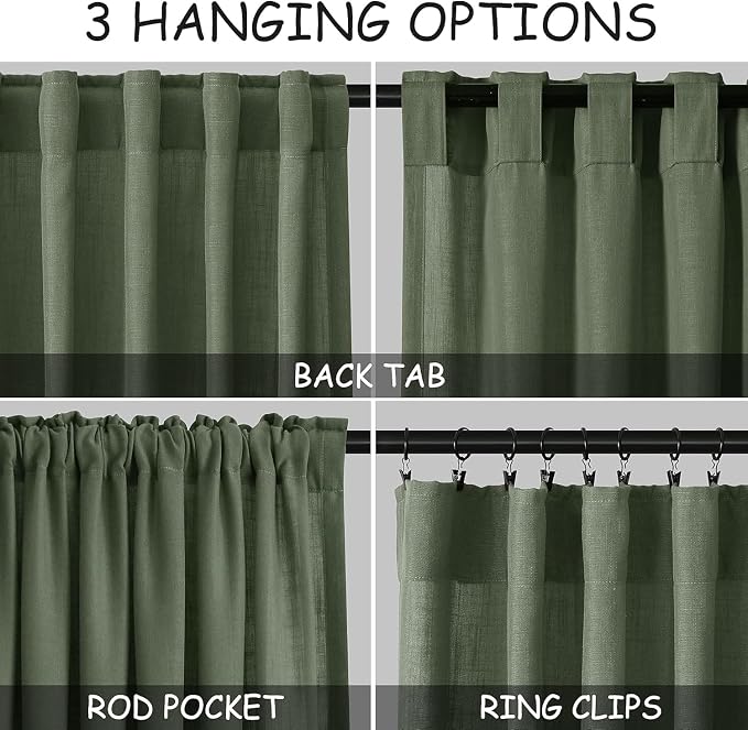 Linen Kitchen Curtains 30 Inches Long 2 Panels Olive Green Semi Sheer Short - Image 2