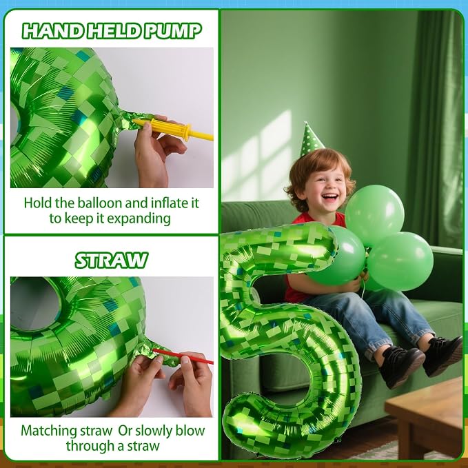 40 Inch Giant Green Pixel Miner Theme Number Balloons 40 Inch Foil Party - Image 4