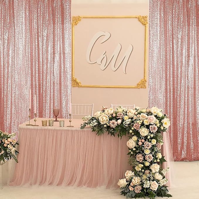 Sugargirl Rose Gold Sequin Backdrop Curtain 3 Panels 2FTx8FT Glitter Rose Gold - Image 3