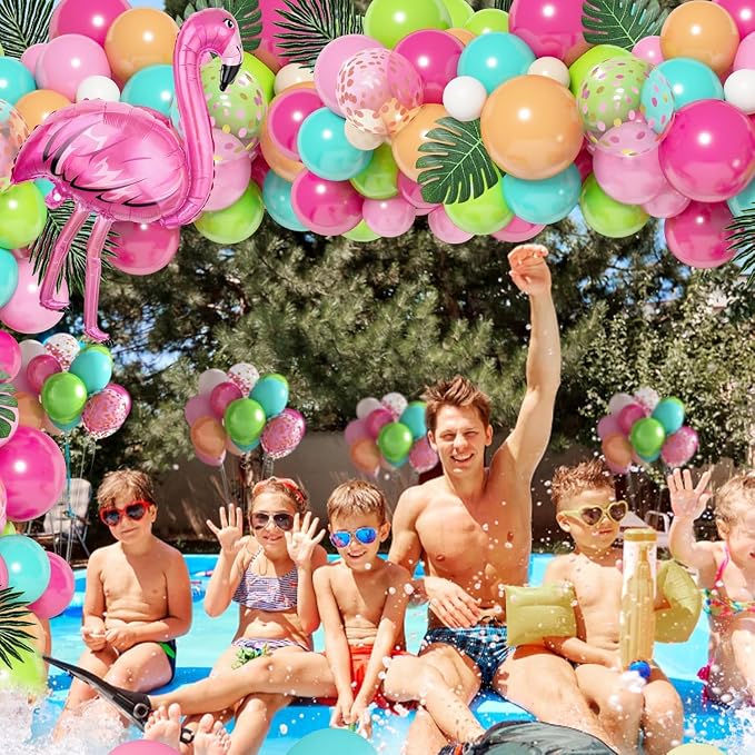 124Pcs Tropical Balloons Arch Garland Kit Flamingo Party Decor | Green Hot Pink - Image 5
