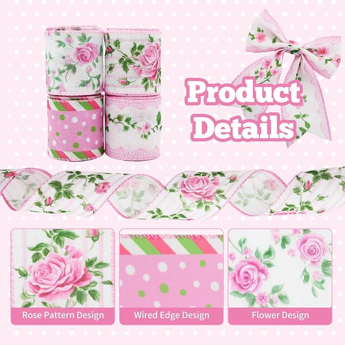 4 Rolls Pink Rose Floral Wired Edge Ribbon – 2.5 Inch, 5 Yards Each, Summer - Image 4