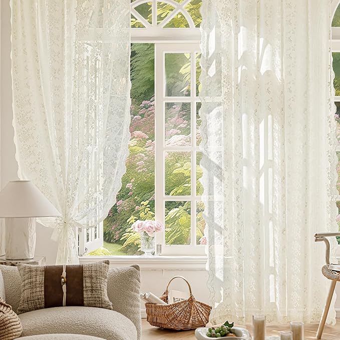 Anmao Vintage Lace Curtains 45 Inches Long 2 Panels Set, Romantic Elegant Light - Image 5