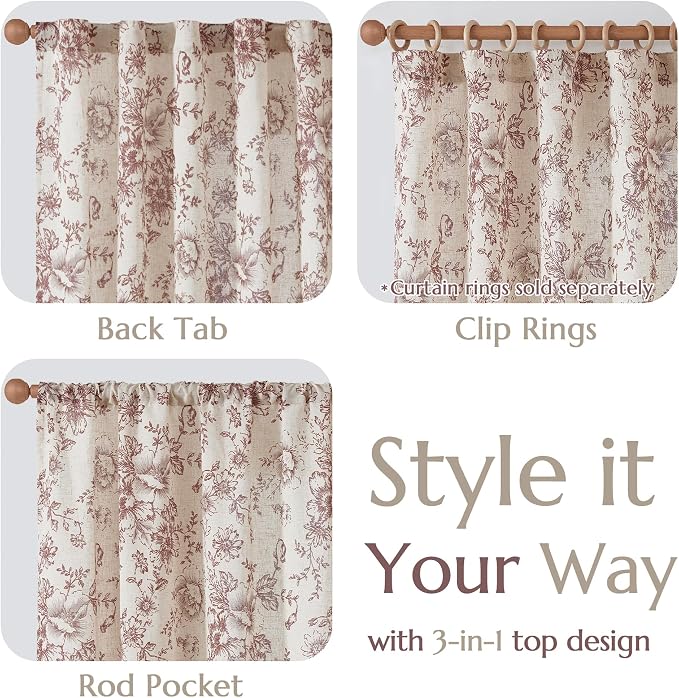 jinchan Red Floral Linen Curtains 63 Inch Farmhouse Back Tab 2 Panels | Light - Image 3