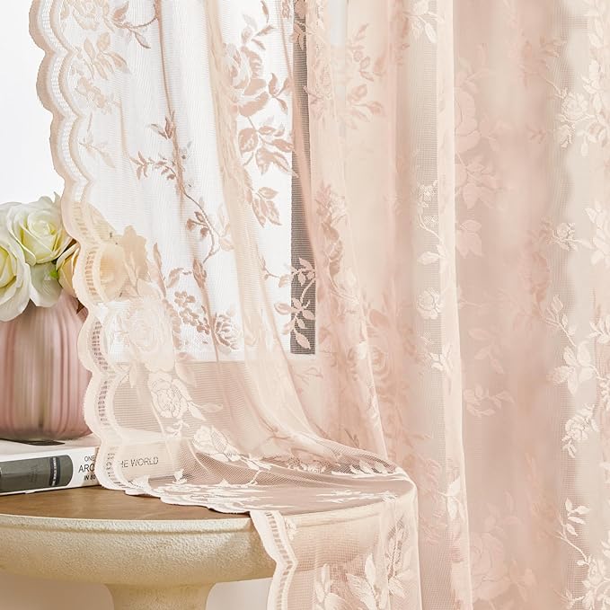 Sheer Lace Curtains 96 Inches Long 2 Panels Vintage Floral Curtains - Image 4