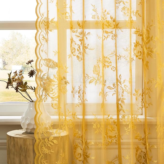 Yellow Lace Curtains 72 Inch Length 2 Panels Set Country Golden Flower Sheer - Image 5