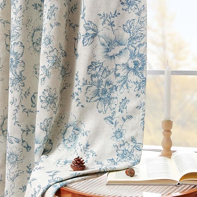 jinchan Blue Floral Linen Blackout Curtains Lined 63 Inch Back Tab 2 Panels | - Image 3