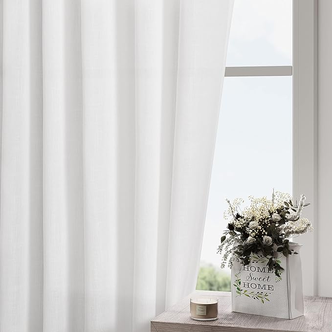 White Linen Curtains for Bedroom Back Tab Light Filtering Privacy Sheer Drapes - Image 2