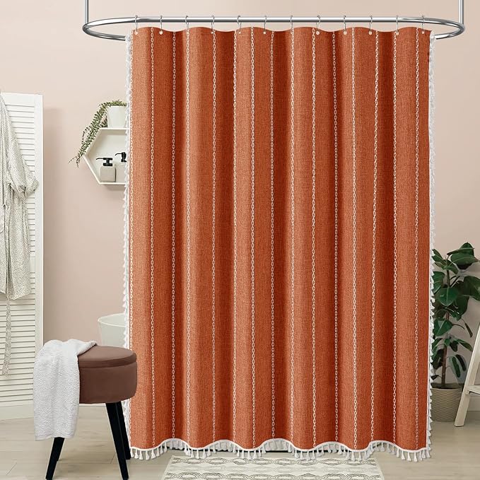 54x78 Boho Farmhouse Linen Heavy Duty Shower Curtain Set, Burnt Orange | Narrow - Image 6