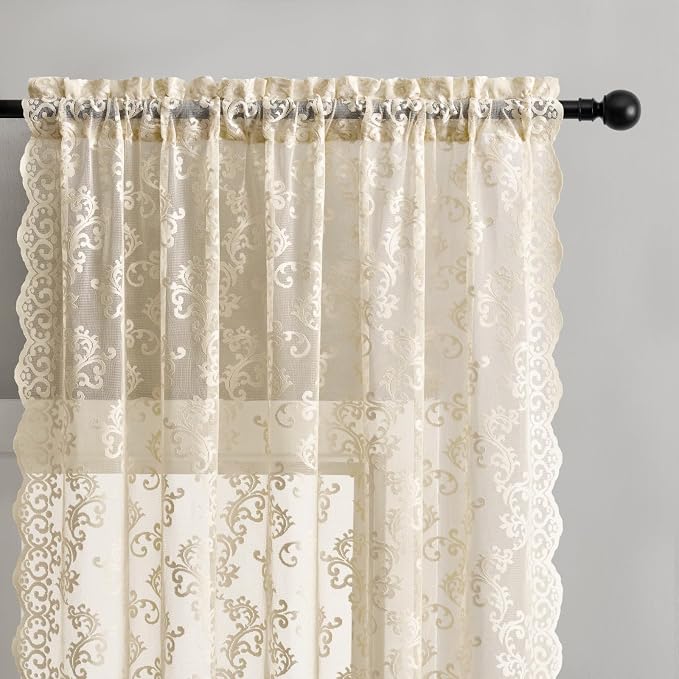FOLKSIDE Beige Lace Curtains 72 Inch Length 2 Panels Set Victorian Floral Sheer - Image 3