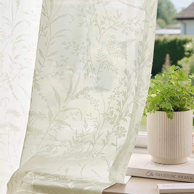 Anmao Cream Semi Sheer Light Filtering Extra Long Curtains 2 Panels, Leaf by Anmao