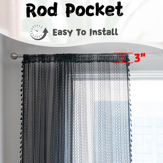 Sutuo Home Black Crochet Boho Curtain 63 Inches Length, Sheer Lace Handmade - Image 5
