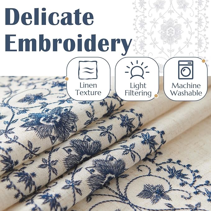 jinchan Floral Linen Curtains Embroidered Back Tab 50x72in 2 Panels Blue | - Image 4