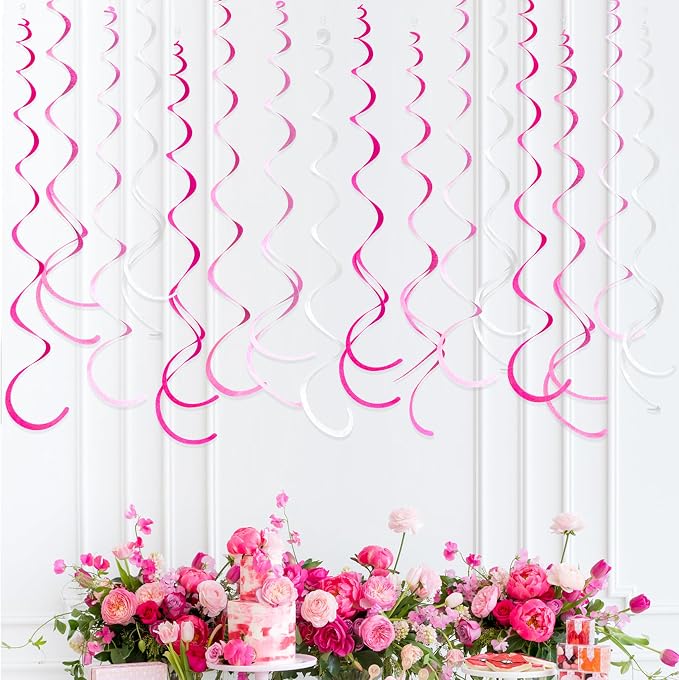 36 Pcs Hot Pink Hanging Swirl Decorations Ombre Pink White Felt Swirl Streamer - Image 5