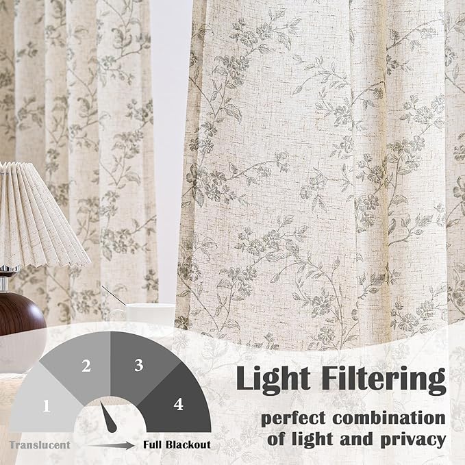 Grey Vintage Floral Linen Curtains Farmhouse 50W X 84L 2 Panels | Elisa Series - Image 3