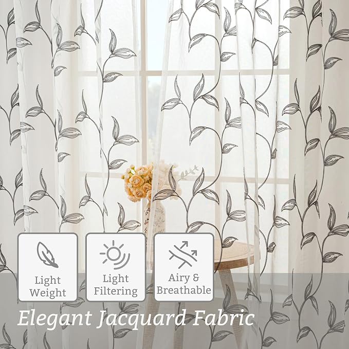 Sheer Curtains Boho Leaf Floral Embroidered Grey 54Wx84L | Light Filtering Semi - Image 4