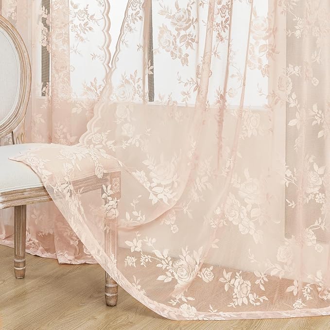 Blush Lace Curtains 90 Inches Long 2 Panels Vintage Floral Curtains - Image 4