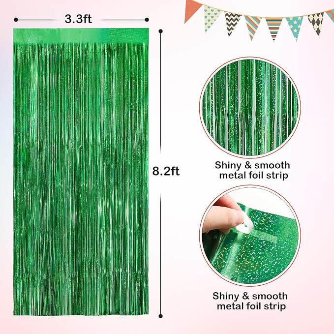 Green Metallic Tinsel Foil Fringe Curtains, 2 Pack 3.3x8.3 Feet Party Streamer - Image 2