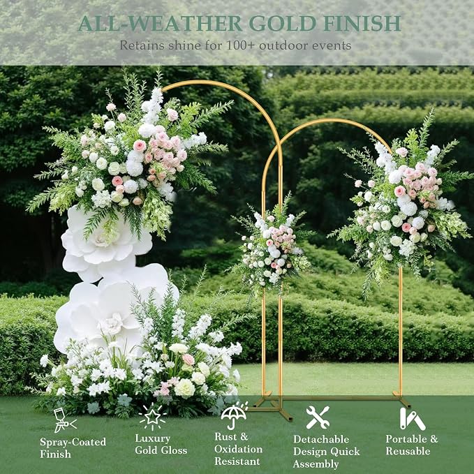 WellSign 7.2FT, 6.6FT Wedding Arch Backdrop Stand Set of 2 | 2PK Gold Metal - Image 4
