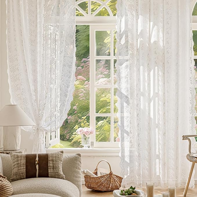 Anmao Vintage White Lace Curtains 102 Inches Long 2 Panels, Romantic Elegant - Image 5