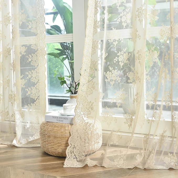 Kotile Beige Lace Curtains for Living Room Rustic Floral 52x92 Inch 2-Panel | - Image 7