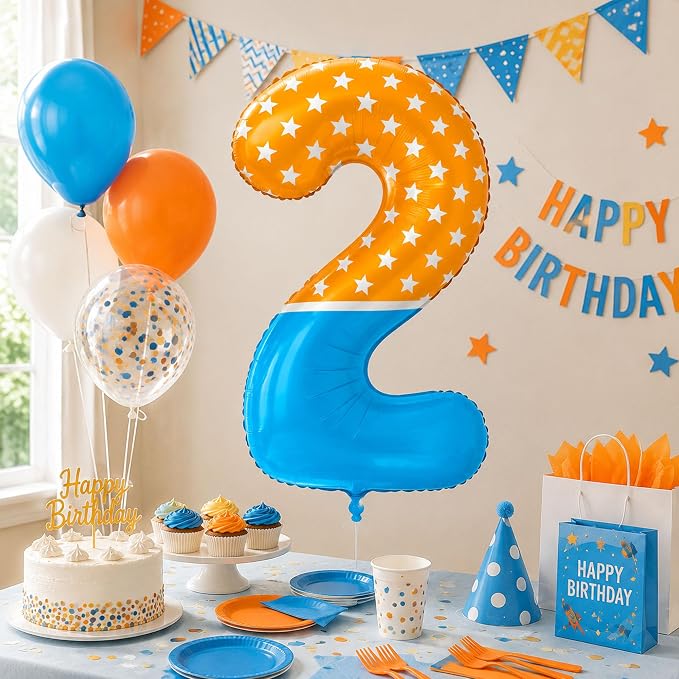 40 Inch Orange Blue Number 2 Balloon, Bow Tie Glasses Design - Image 4