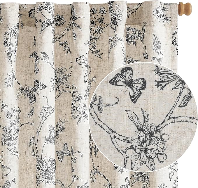 Black Floral Linen Lined Curtains Rod Pocket 50W X 96L 2 Panels | Charlotte by Lazzzy
