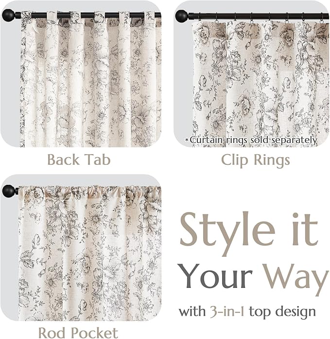 jinchan Black Floral Linen Curtains 63 Inch Vintage Back Tab 2 Panels | Light - Image 4
