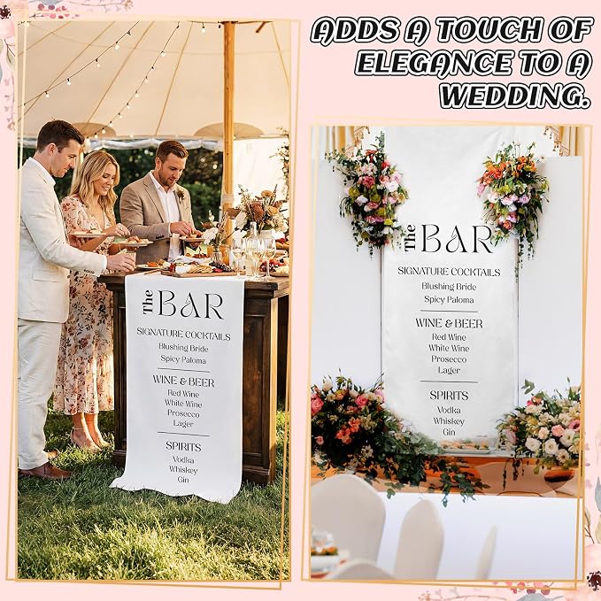 HunnmingRe Fabric Wedding Bar Sign 78x29 Inch White Linen Rustic Bar Wedding - Image 7
