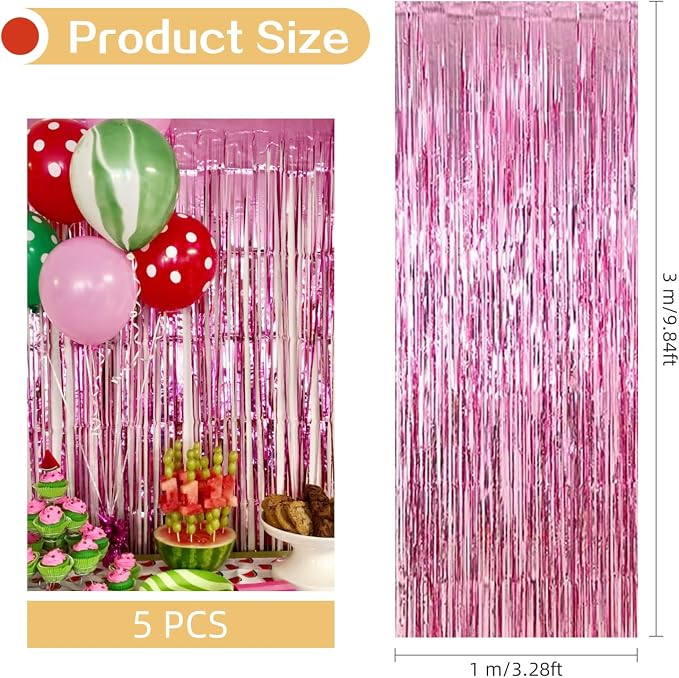 5 Pack Pink Foil Curtain Backdrop 3.2ft x 9.8ft Metallic Tinsel Foil Fringe - Image 3