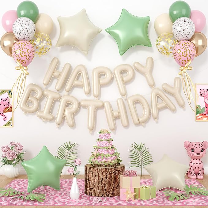 29PC Cream Pink Leopard Happy Birthday Balloon Banner, 16Inch 3D Aluminum by Paready