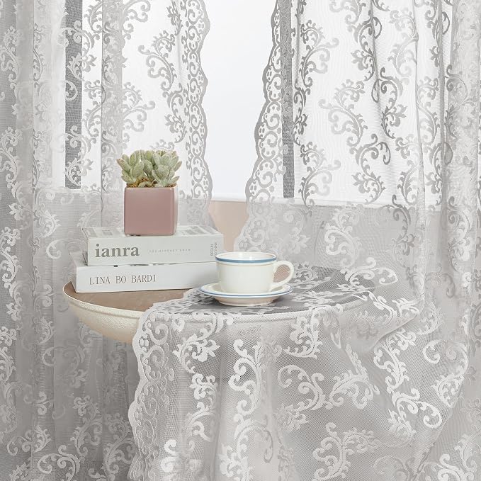 Gray Lace Curtains 90 Inches Long 2 Panels Paisley Floral Sheer Curtains - Image 5