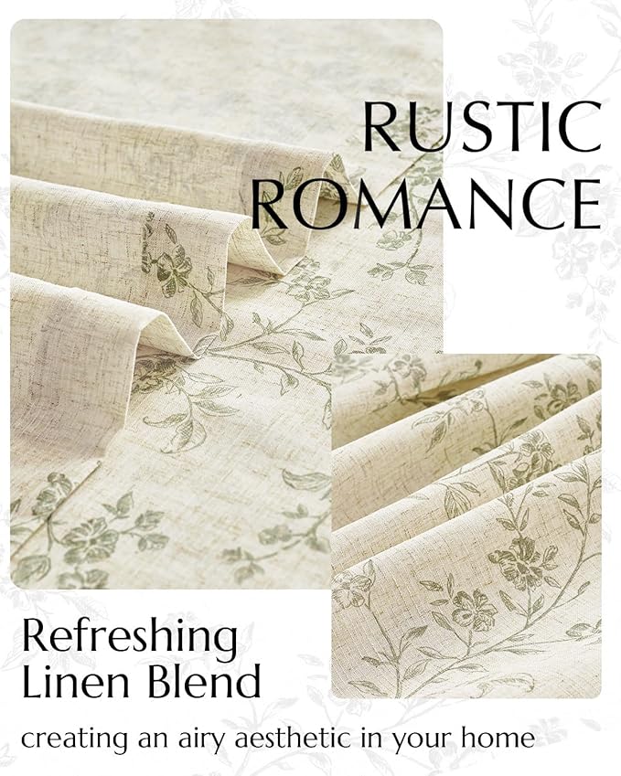 jinchan Green Floral Linen Curtains 90 Inch Farmhouse Back Tab 2 Panels | - Image 5