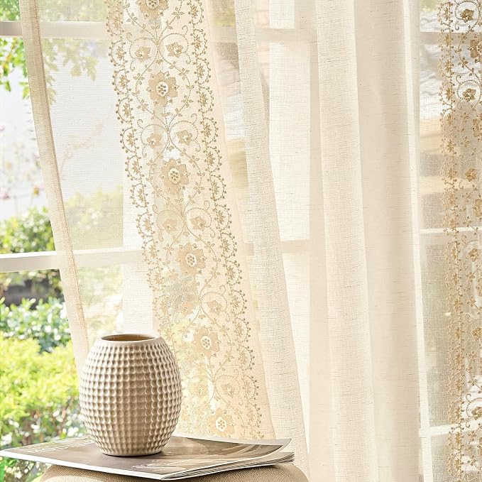 jinchan Floral Sheer Linen Curtains, Back Tab 50x84 Inch, 2 Panels Ivory | Semi by JINCHAN