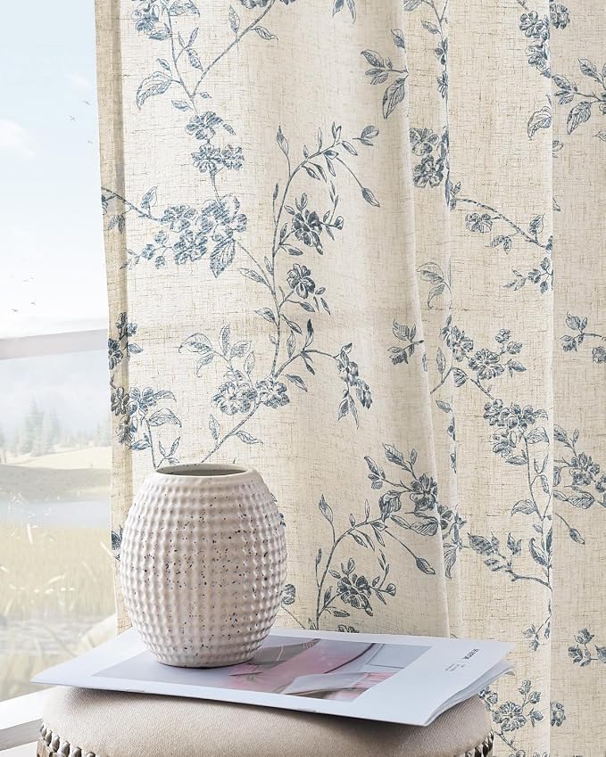 jinchan Blue Floral Linen Curtains 84 Inch French Country Back Tab 2 Panels | by JINCHAN