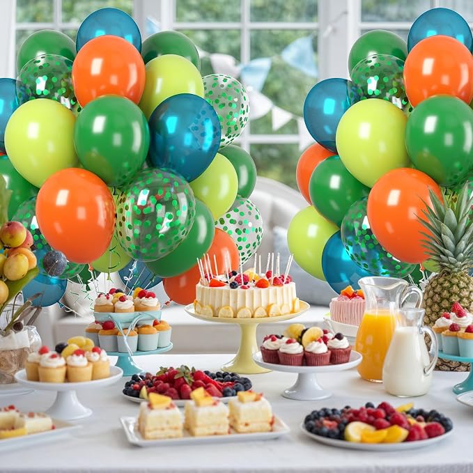 Paready Dinosaur Balloons Set, 12 Inch Helium Fruit Green Orange Blue Confetti - Image 6