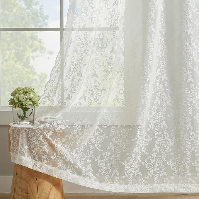 FINECITY Short Ivory Floral Lace Kitchen Curtains W42xL36 Inch, 2 Panels | Rod - Image 7