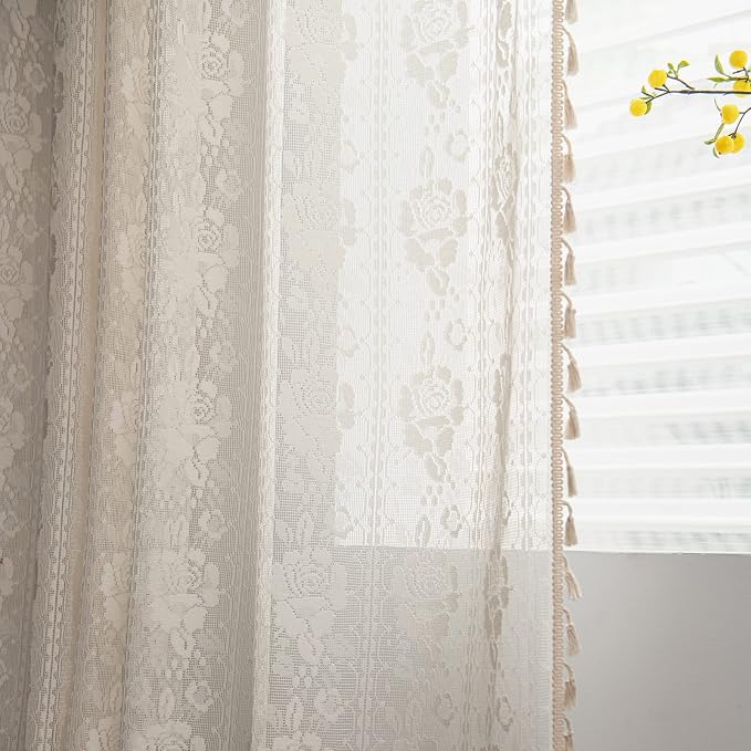 Sutuo Home Crochet Boho Curtains Rose Florals Embroidery, Sheer Lace Handmade - Image 7