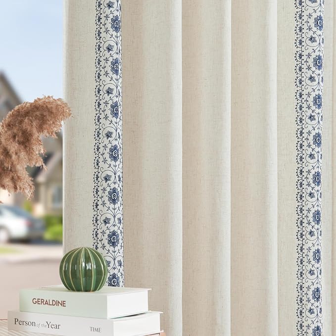 jinchan Floral Linen Curtains Embroidered Back Tab 50x72in 2 Panels Blue | - Image 8