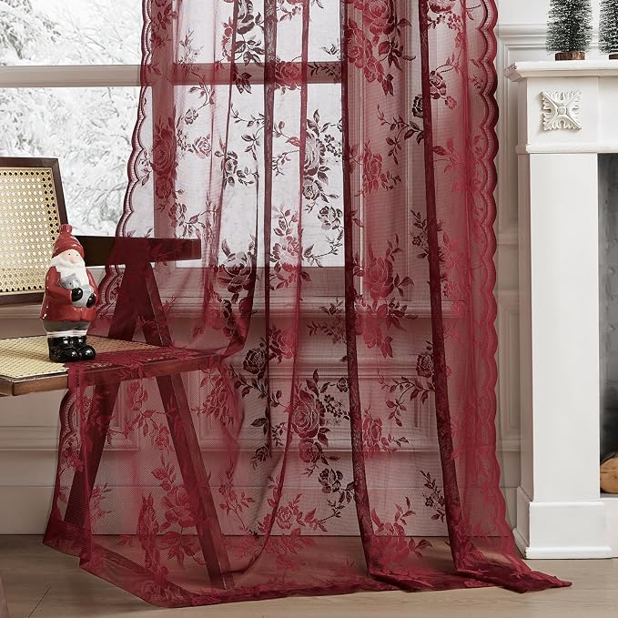 Burgundy Lace Curtains 96 Inches Long Modern Wine Red Floral Curtains - Image 5