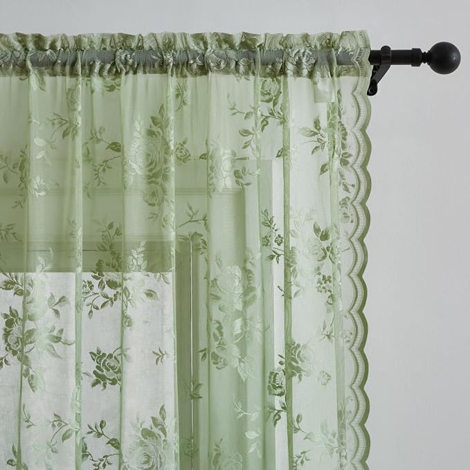 Sage Green Lace Curtains 80 Inches Long Country Rustic Floral Sheer Curtains - Image 3