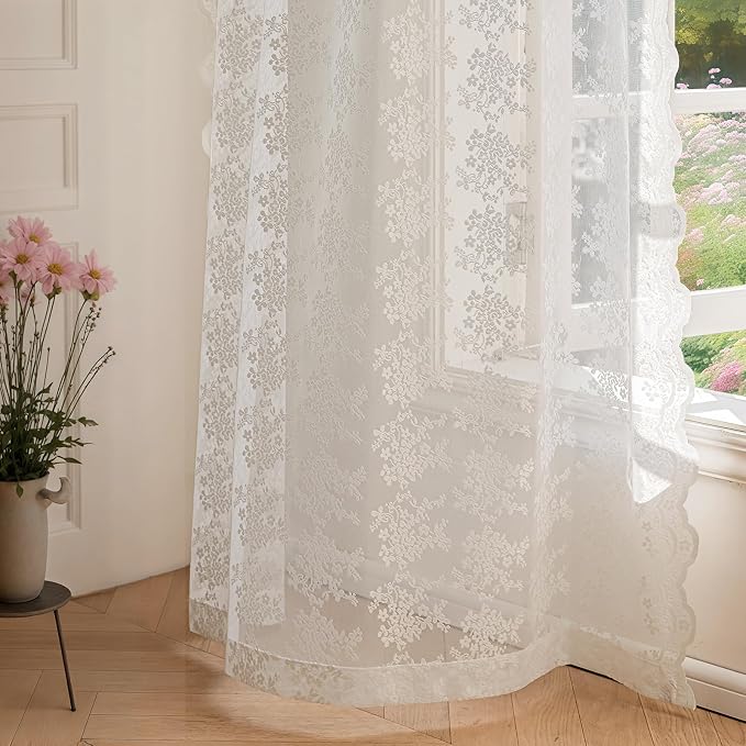Anmao Vintage White Lace Curtains 102 Inches Long 2 Panels, Romantic Elegant - Image 7