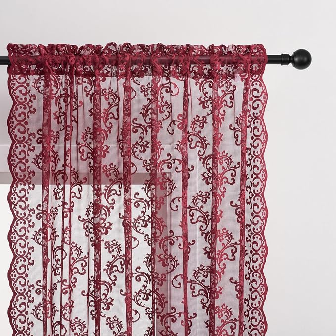 FOLKSIDE Burgundy Lace Curtains 84 Inches Long 2 Panels - Image 3