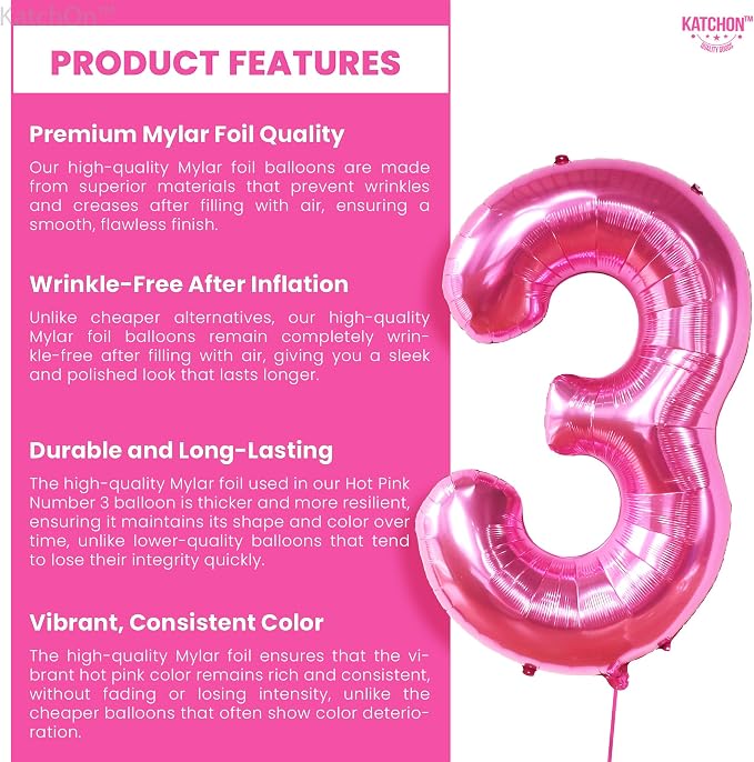 KatchOn, Hot Pink Number 3 Balloon 40 Inch | Number 3 Foil Balloon, 3rd Pink - Image 3