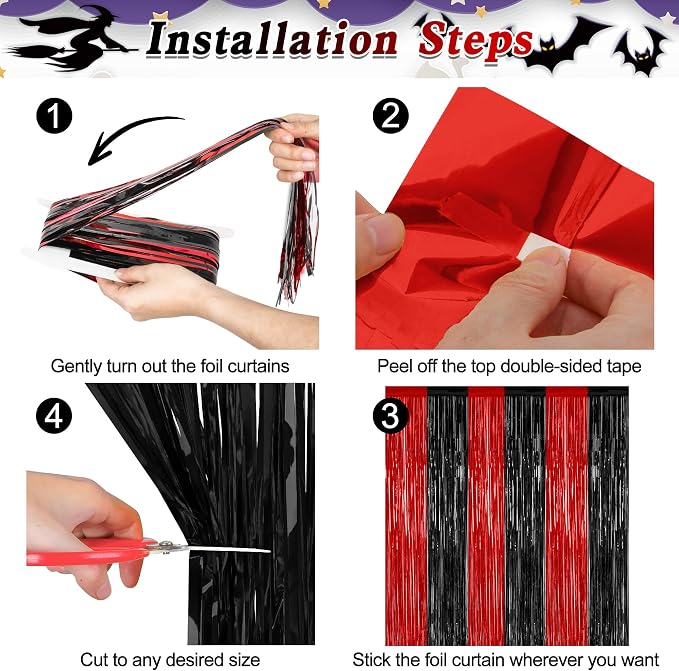ZATAYE 2 Pack Black Red Halloween Foil Curtain Streamer Decorations | Black Red - Image 3