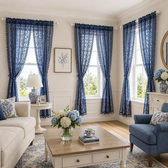 WAZZIO Boho Lace Curtains 2 Panels 84 Inch -Victorian Sheer Panel Drape French - Image 3