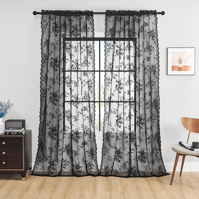 SEEKRIGHT Black Sheer Lace Curtains 96 Inches Long 2 Panels Gothic Floral by SEEKRIGHTHomeDecor